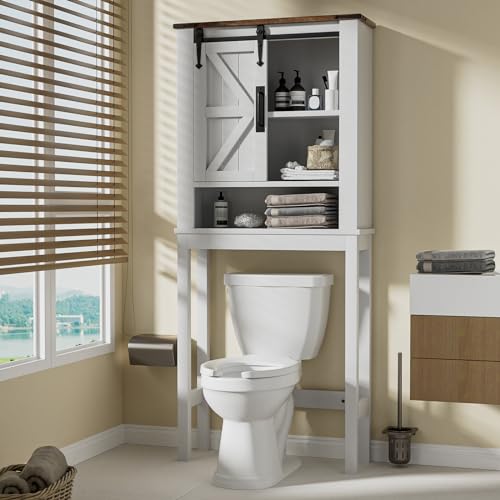 White Over The Toilet Storage Cabinet with Adjustable Shelves & Sliding Barn Doors V238788