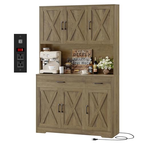 Black Tall Pantry Cabinet with Charging Station and Microwave Stand M31788