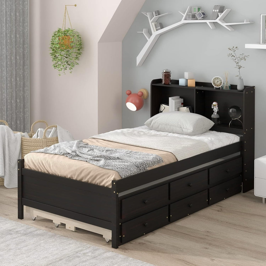 Twin Wood Captain’s Bed with Bookcase Headboard, Trundle and 3 Drawers, Espresso D734224