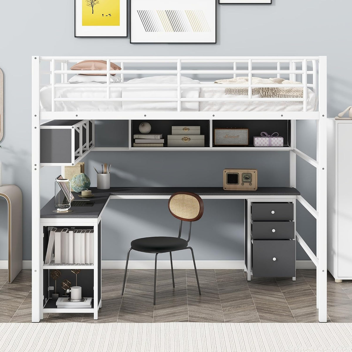 Full Size Metal Loft Bed with Bookcase and Desk I520506