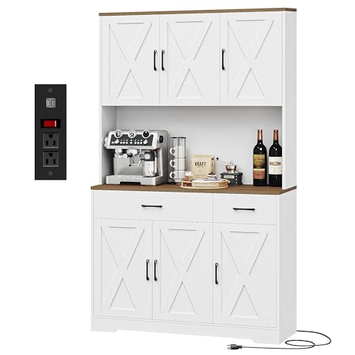 Black Tall Pantry Cabinet with Charging Station and Microwave Stand M31788