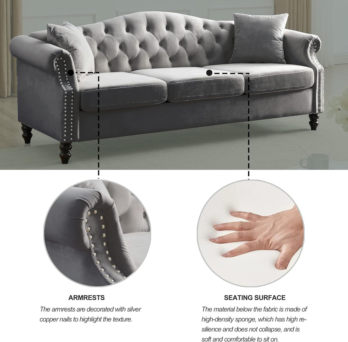 Grey Velvet 3 Seater Chesterfield Sofa X9998