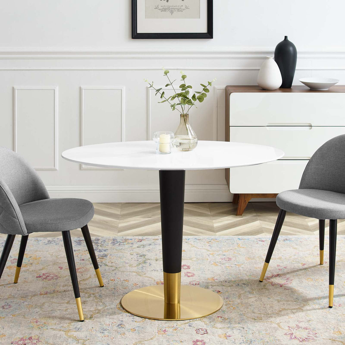Oval Wood Metal Gold White Dining Table J312770