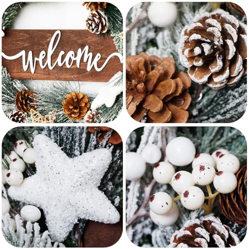 24 Inch Artificial Outdoor Christmas Wreath with Pinecones, White Berries and Welcome Sign D425956