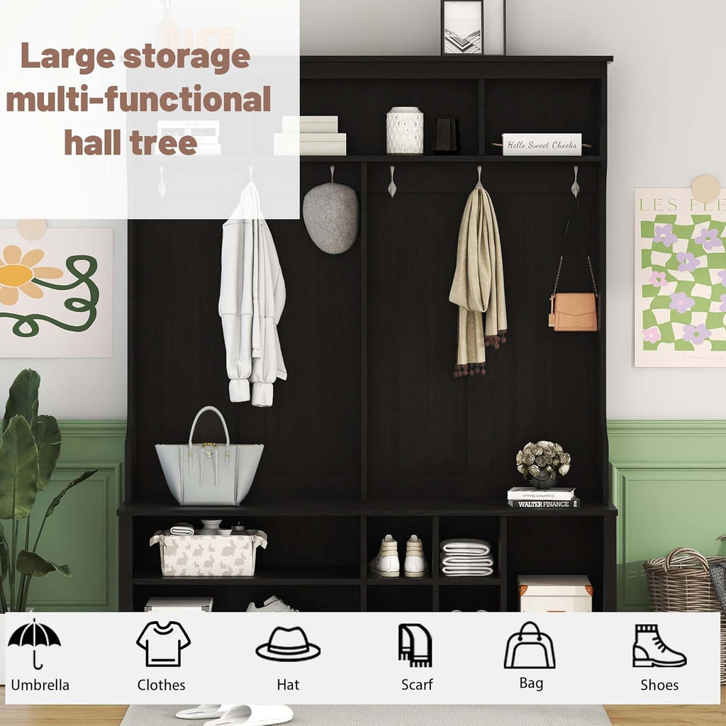 Freestanding Hall Tree with Metal Hooks and Storage Space, Black Coat Rack with Shoe Cubbies D649836