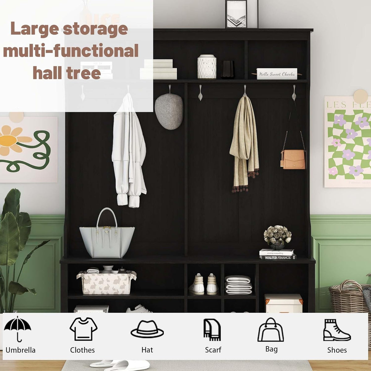 Freestanding Hall Tree with Metal Hooks and Storage Space, Black Coat Rack with Shoe Cubbies D649836