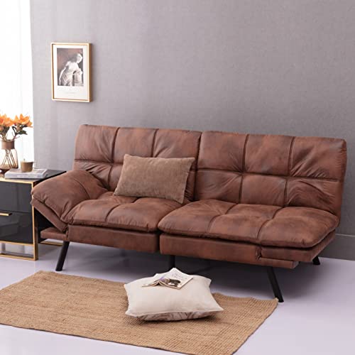 Brown PU Leather Memory Foam Convertible Futon Sofa Bed W755