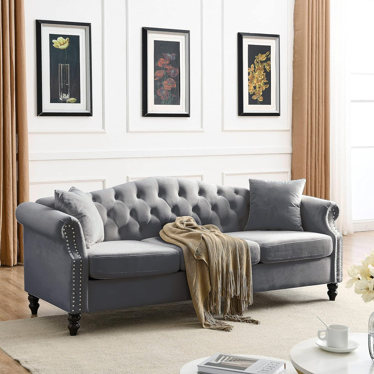Grey Velvet 3 Seater Chesterfield Sofa X9998