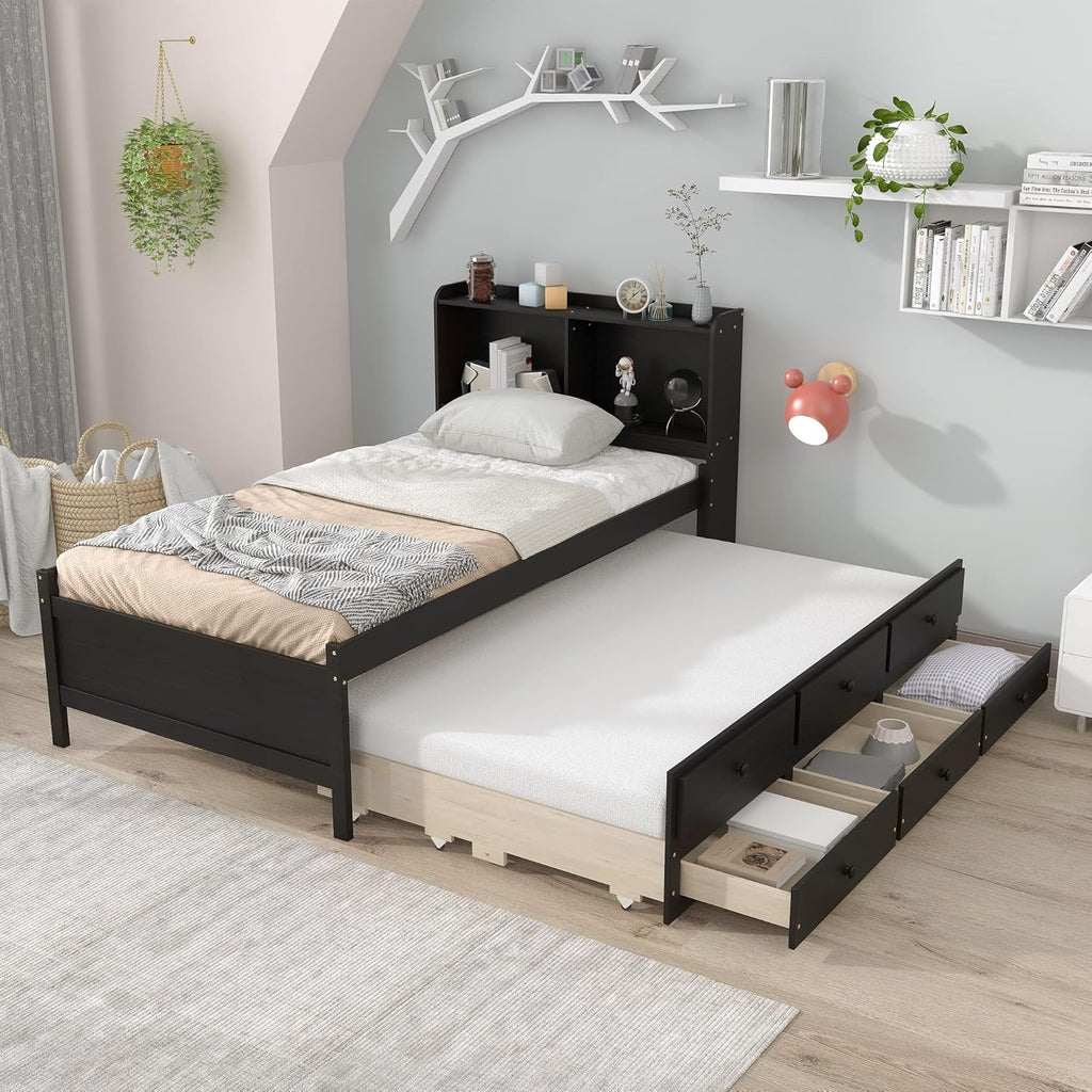 Twin Wood Captain’s Bed with Bookcase Headboard, Trundle and 3 Drawers, Espresso D734224