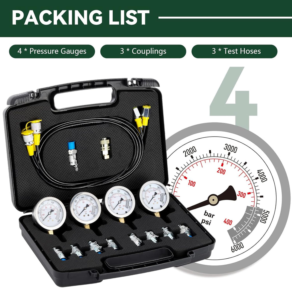 Hydraulic Pressure Gauges Kit with 4 Pressure Gauges 10 Couplings 3 Test Hoses J89487