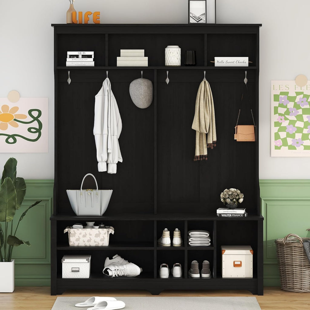 Freestanding Hall Tree with Metal Hooks and Storage Space, Black Coat Rack with Shoe Cubbies D649836