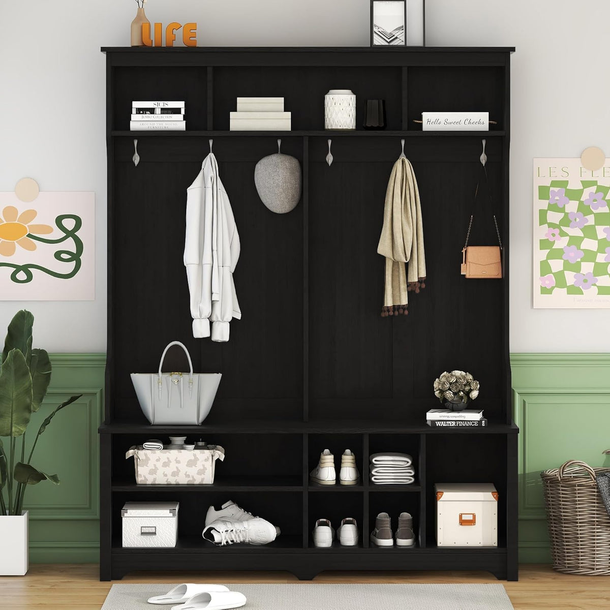 Freestanding Hall Tree with Metal Hooks and Storage Space, Black Coat Rack with Shoe Cubbies D649836