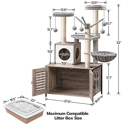 Greige Wooden Cat Tree with Litter Box Enclosure, 27.6" L x 18.9" W x 52" H Z988