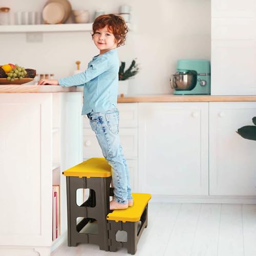 Folding 2-Step Stool, Non-Slip Portable Footstool 8" & 17" Dual Heights, Holds 300 lbs (Yellow) B549