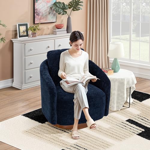 Ivory Chenille Swivel Barrel Chair with Wood Base T153949