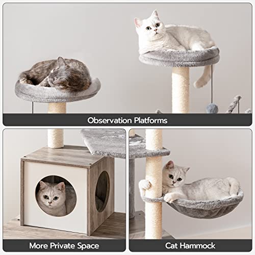 Greige Wooden Cat Tree with Litter Box Enclosure, 27.6" L x 18.9" W x 52" H Z988