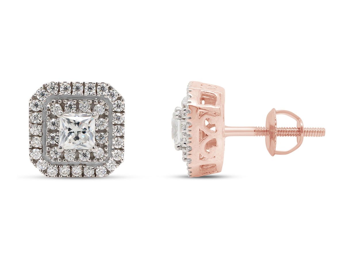 1 Carat Princess & Round Cut Lab Created Moissanite Double Halo Stud Earrings In 14K Rose Gold Over Sterling Silver F301