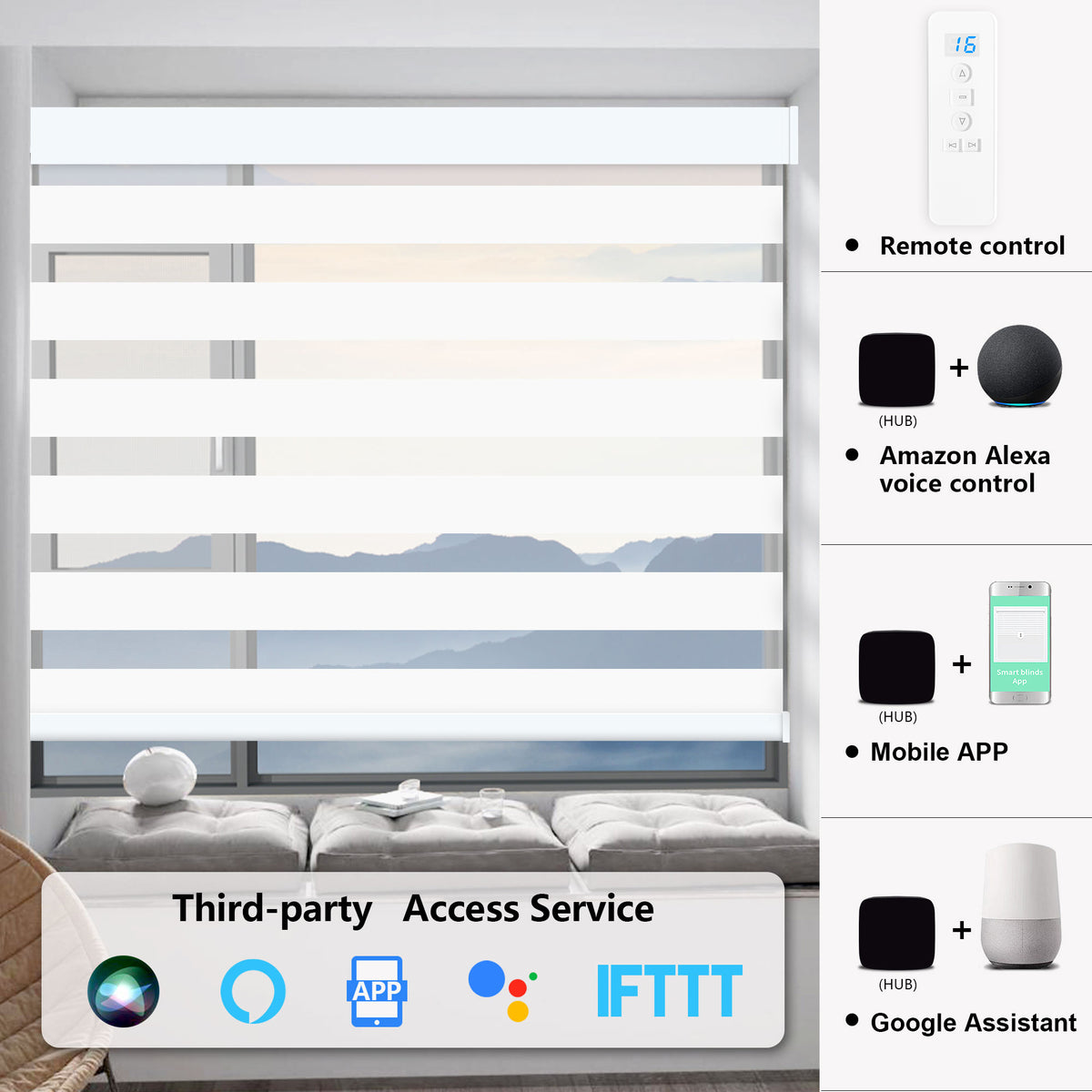 Motorized Zebra Blinds with Remote, Rechargeable, Luxury White, 23"W x 72"H W77162