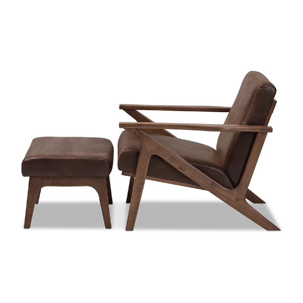 Walnut Wood Dark Brown Faux Leather Lounge Chair And Ottoman Set M374278