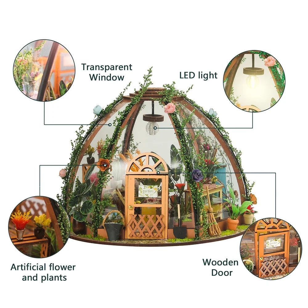 DIY Miniature Dollhouse Kit Wooden Flower Green House with LED Light V21379