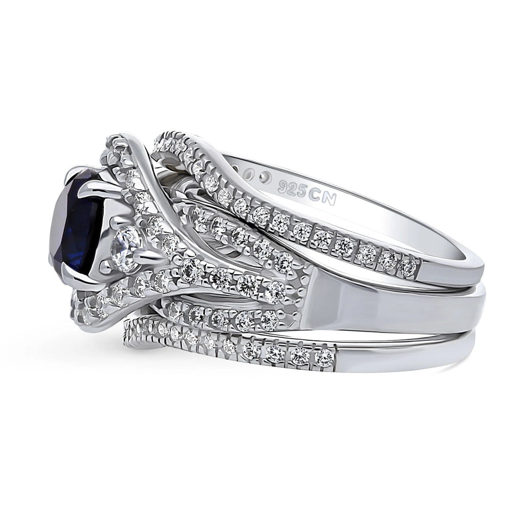 Sterling Silver Simulated Blue Sapphire CZ Halo Ring Set, Rhodium Plated Size 6 V87408