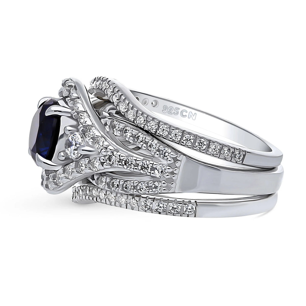 Sterling Silver Simulated Blue Sapphire CZ Halo Ring Set, Rhodium Plated Size 6 V87408