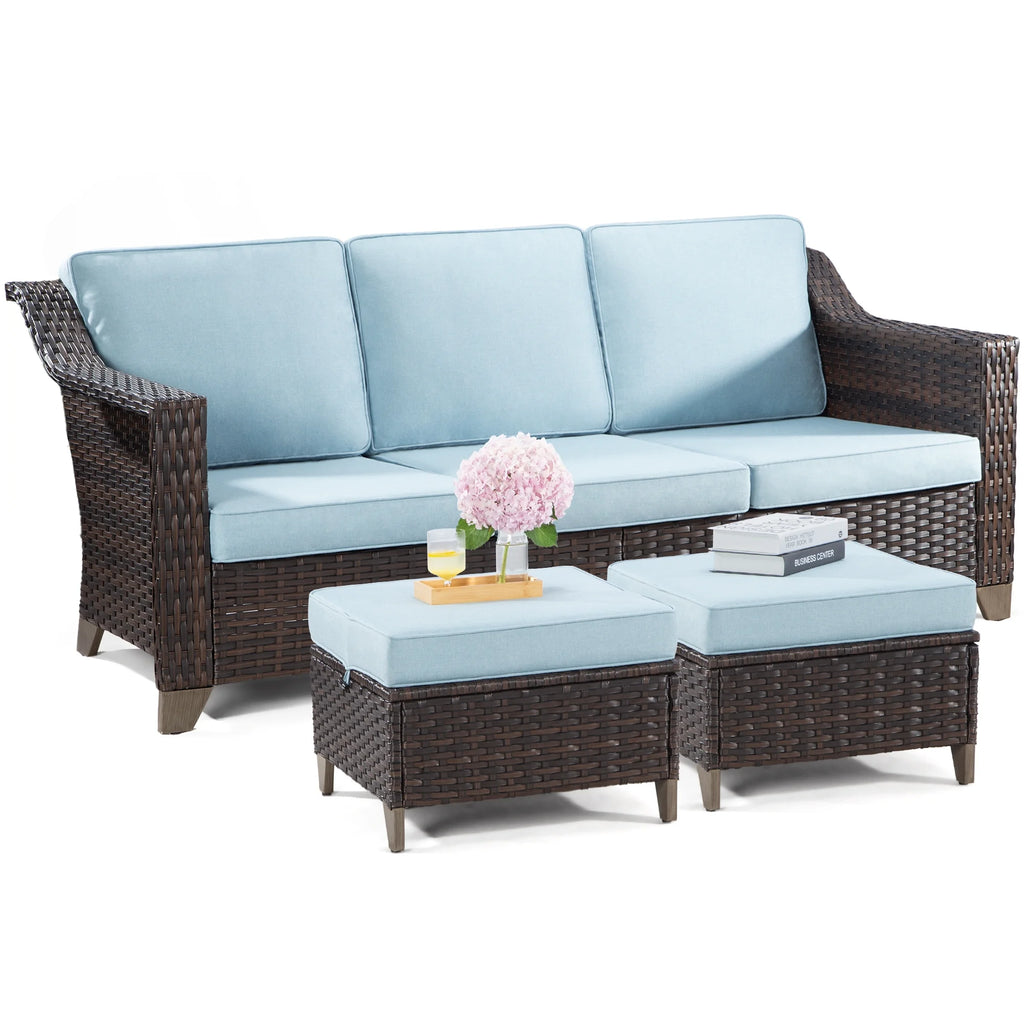 3 Pieces Outdoor Patio Wicker Conversation Set with Cushions, Sky Blue L3671