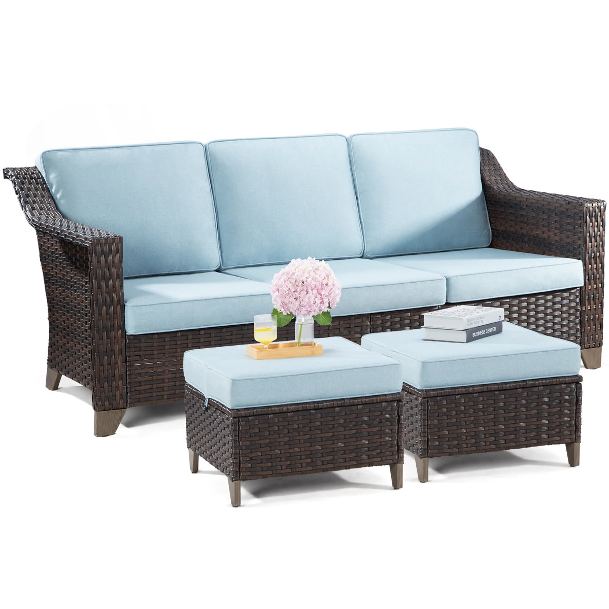 3 Pieces Outdoor Patio Wicker Conversation Set with Cushions, Sky Blue L3671