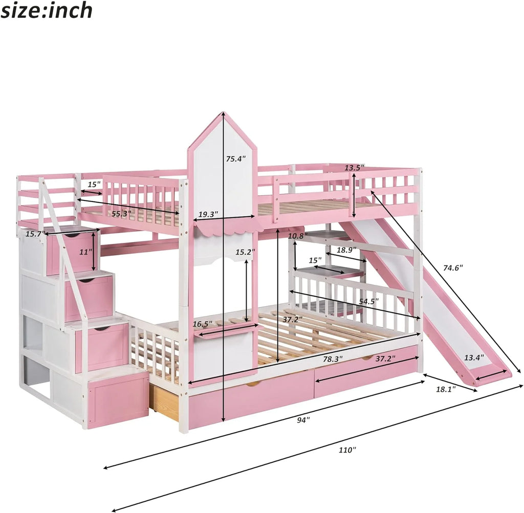 Full Over Full Wooden Bunk Bed with Slide Storage Drawers and Shelves X96950