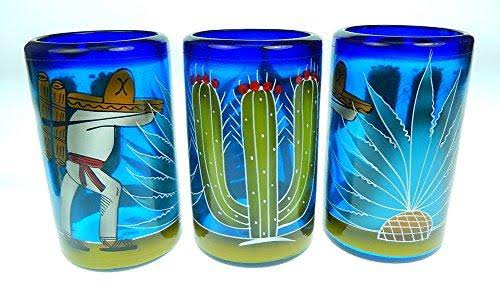 Blue Hand Blown Glasses and Pitcher Set with Display Rack T70644