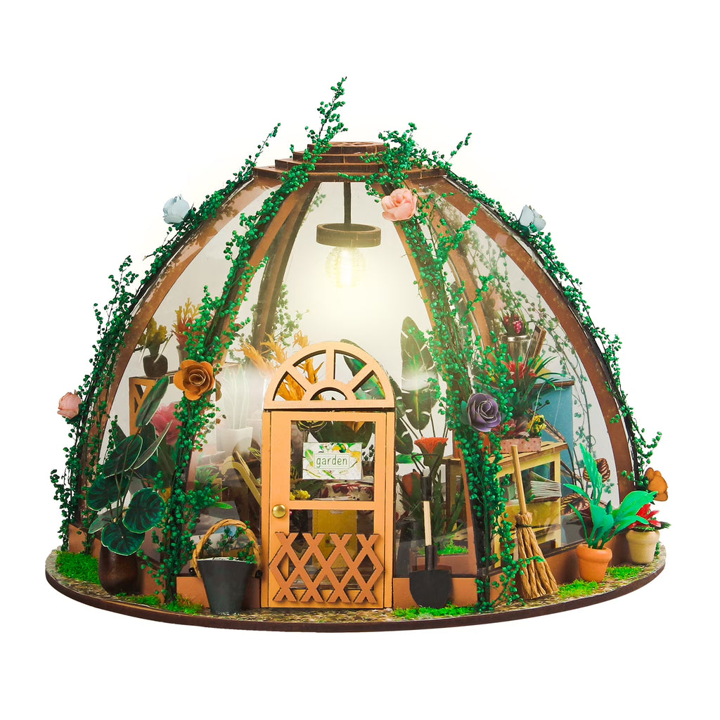 DIY Miniature Dollhouse Kit Wooden Flower Green House with LED Light V21379