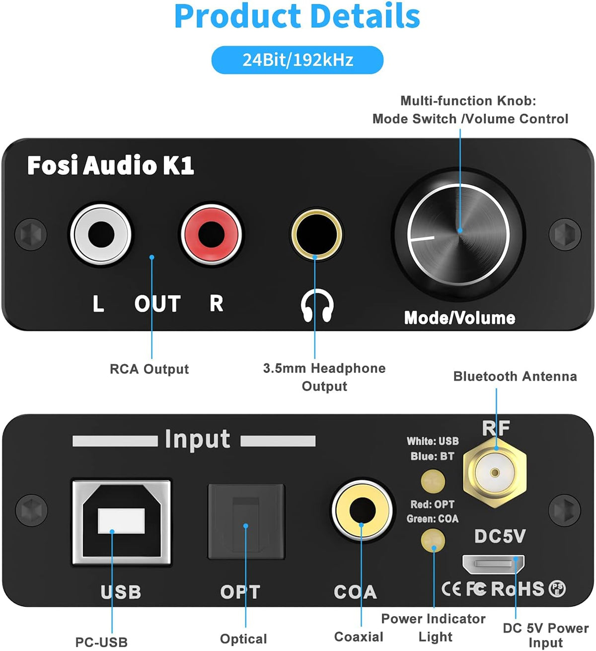 Bluetooth 5.0 DAC Headphone Amplifier Preamplifier 24-Bit 192 KHz USB Optical Coaxial to RCA AUX Digital-to-Analog Audio Converter Adapter Pack of 2 N961475