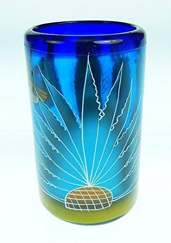 Blue Hand Blown Glasses and Pitcher Set with Display Rack T70644