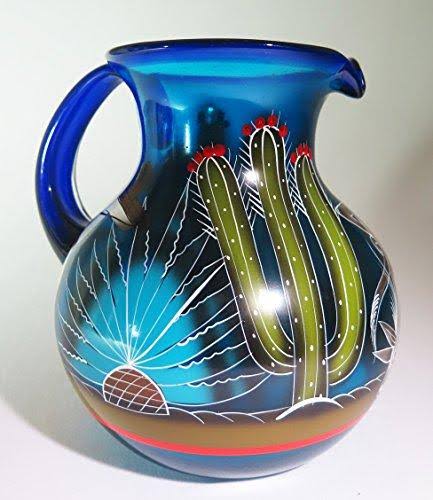 Blue Hand Blown Glasses and Pitcher Set with Display Rack T70644