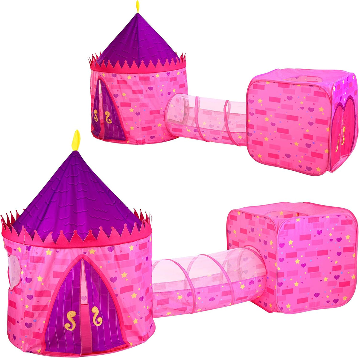 Pink Castle Play Tent with Pop Up Tunnel and Playhouse Kids Indoor Outdoor Play Tent Set S1833