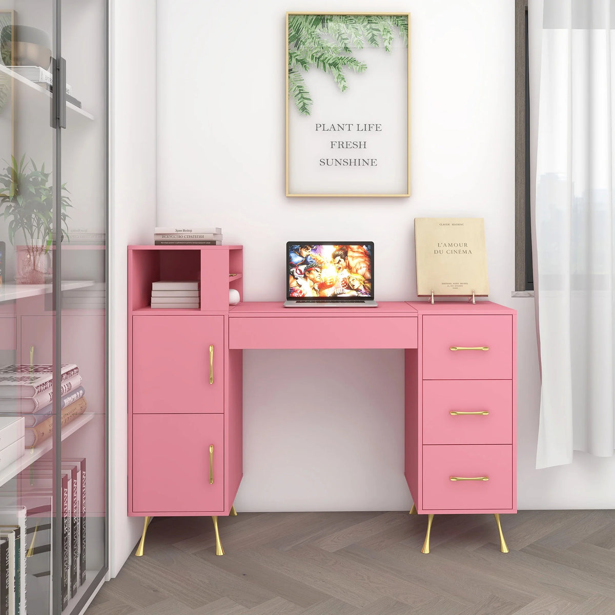 Pink 55inches Vanity Desk with 4 Drawers H669