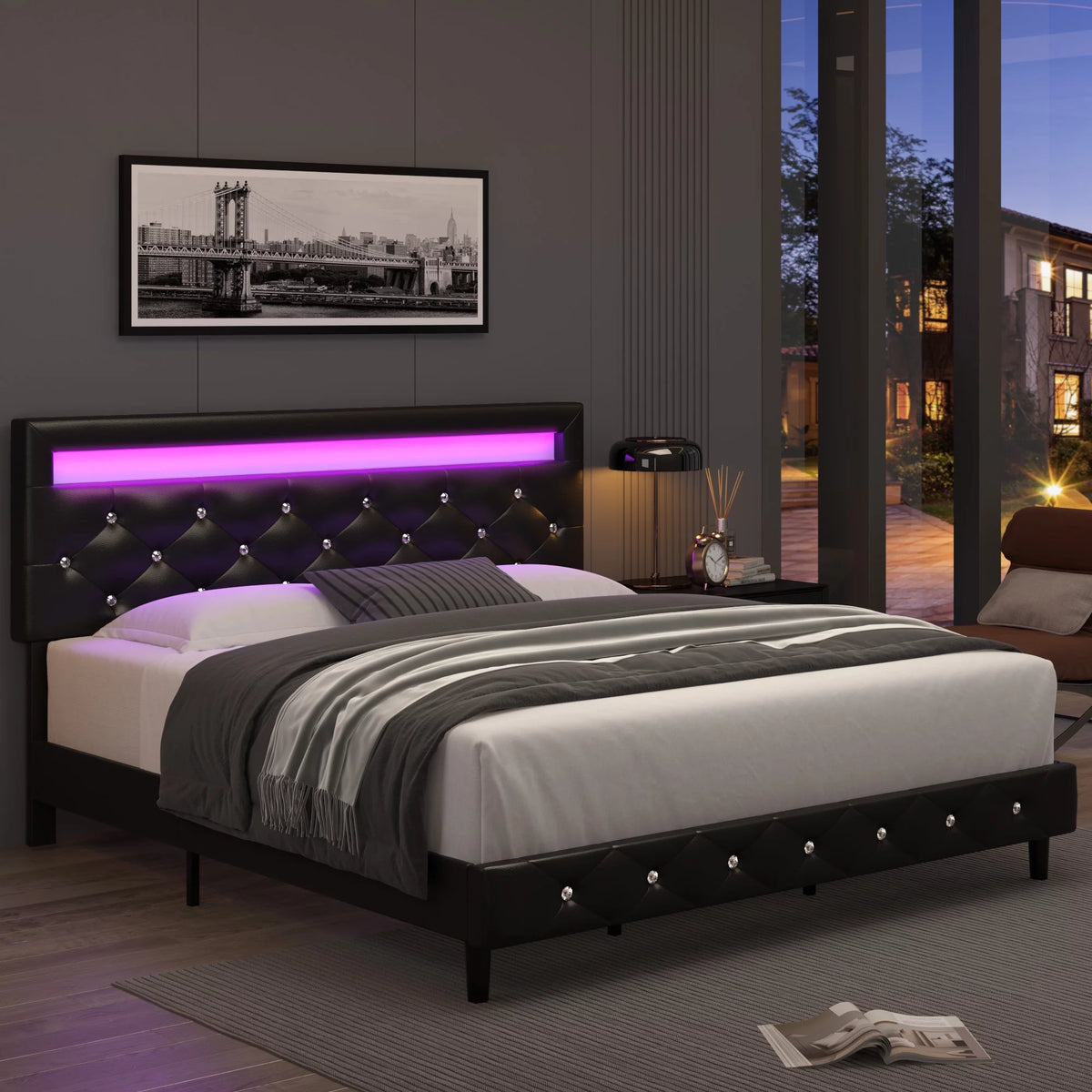 Queen Size LED Upholstered Platform Bed Frame with Adjustable Headboard F792349