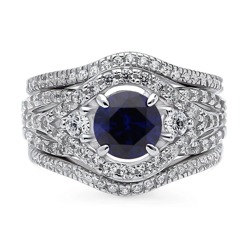 Sterling Silver Simulated Blue Sapphire CZ Halo Ring Set, Rhodium Plated Size 6 V87408