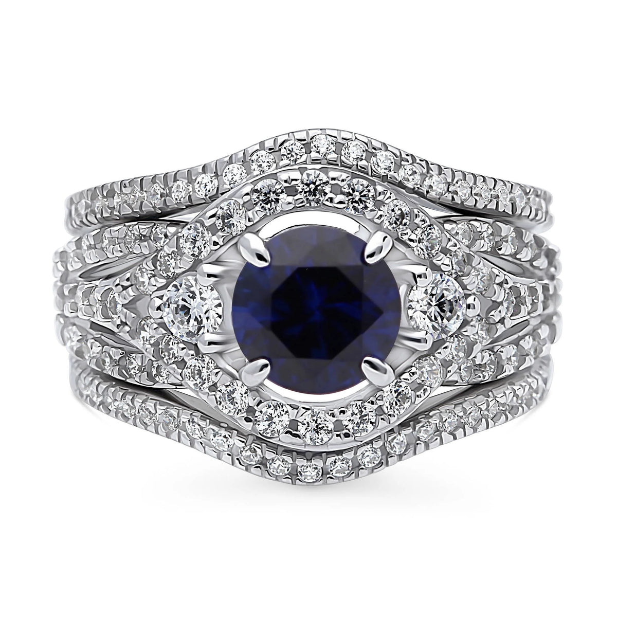 Sterling Silver Simulated Blue Sapphire CZ Halo Ring Set, Rhodium Plated Size 6 V87408