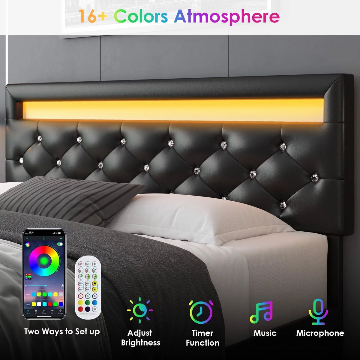 Queen Size LED Upholstered Platform Bed Frame with Adjustable Headboard F792349