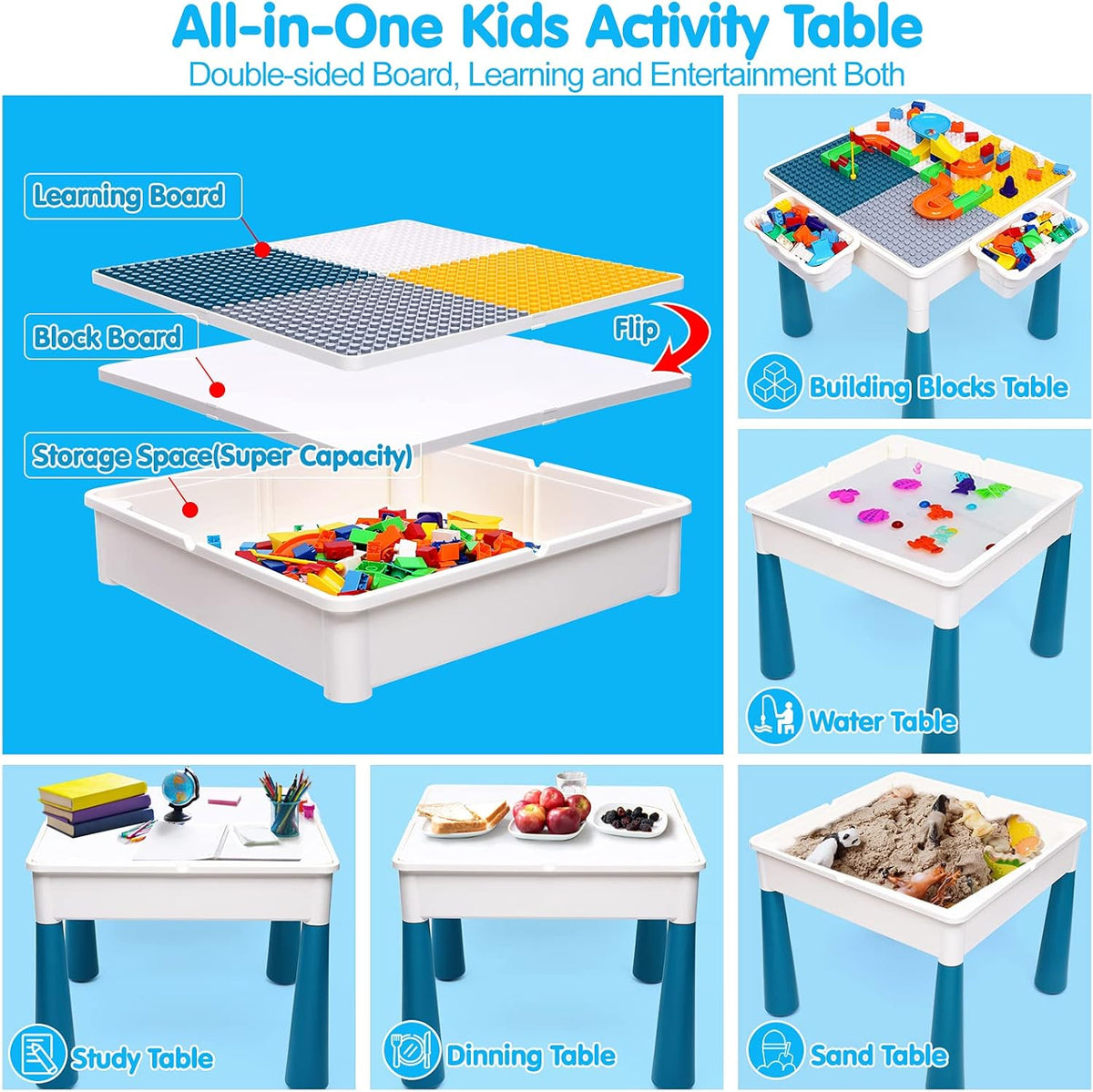 Kids Activity Table and Chair Set with 152Pcs Marble Run Building Blocks Water Table Sand Table STEM Toys P84524