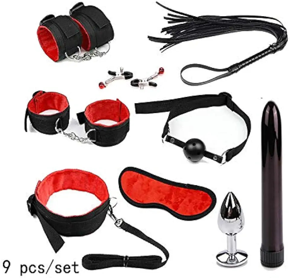 Black and red 9pcs Nylon Restraint Bondage Set V24415
