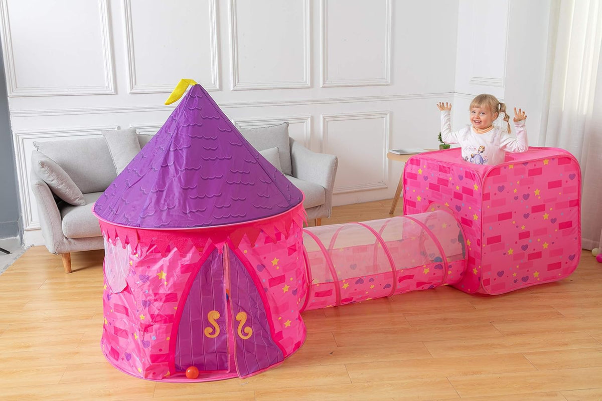 Pink Castle Play Tent with Pop Up Tunnel and Playhouse Kids Indoor Outdoor Play Tent Set S1833