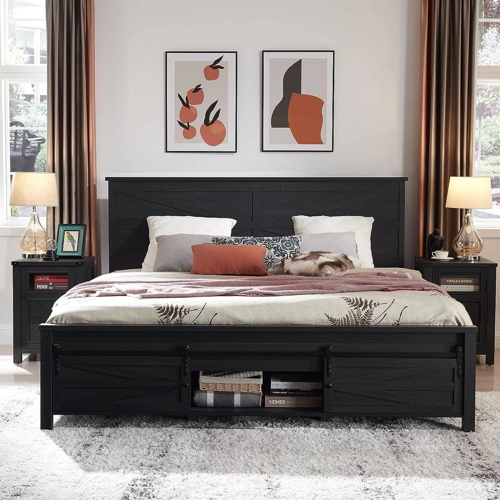 White King Size Platform Bed Frame with Headboard and Storage S187
