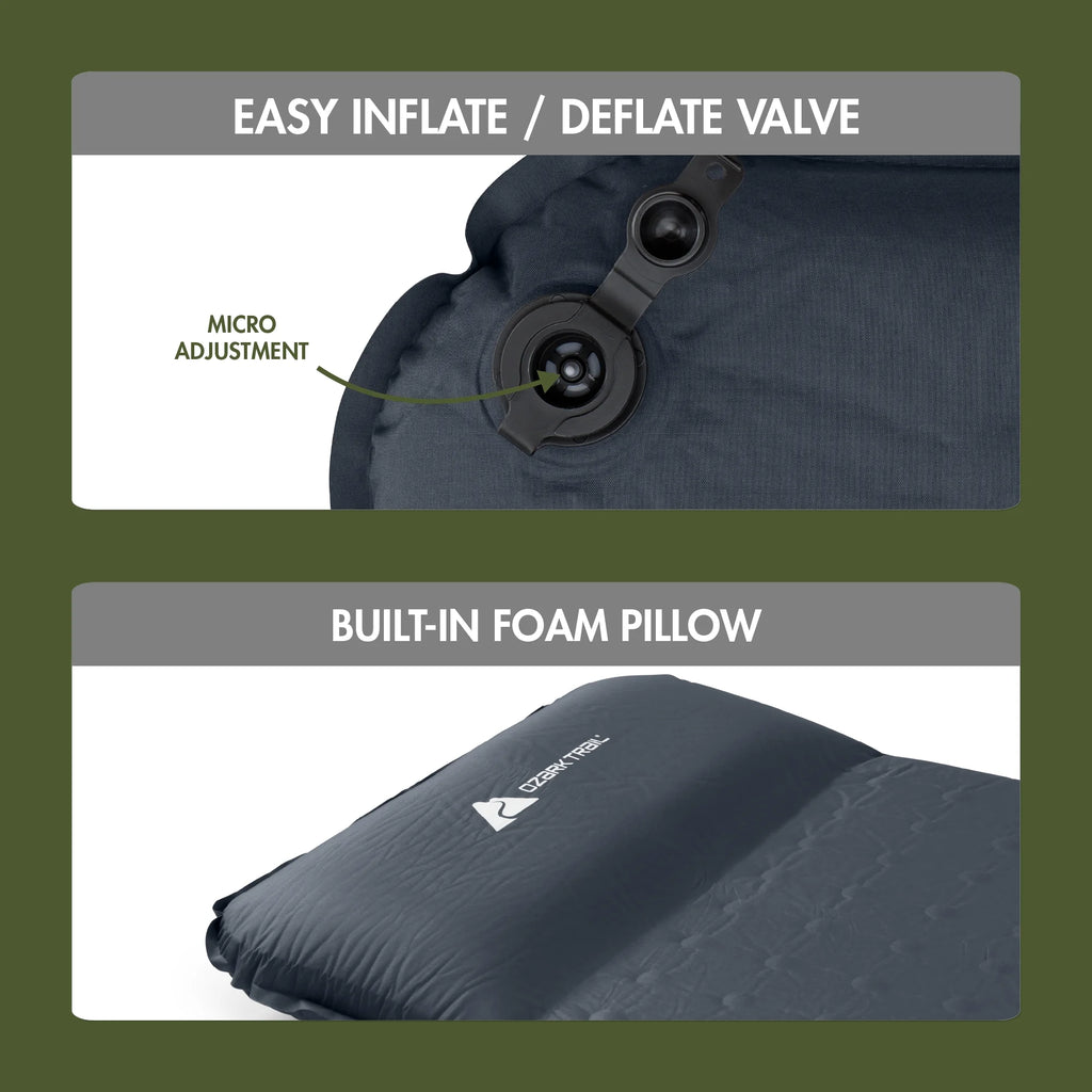 Self-Inflating Camp Pad with Pillow, Grey, 78" L x 25" W x 2" H K719