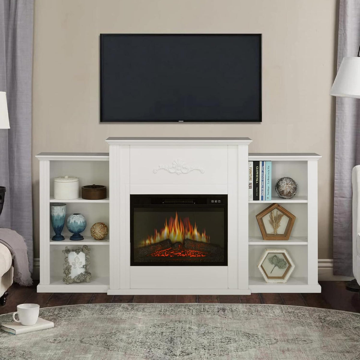 White Fireplace TV Stand with Adjustable Shelves F195