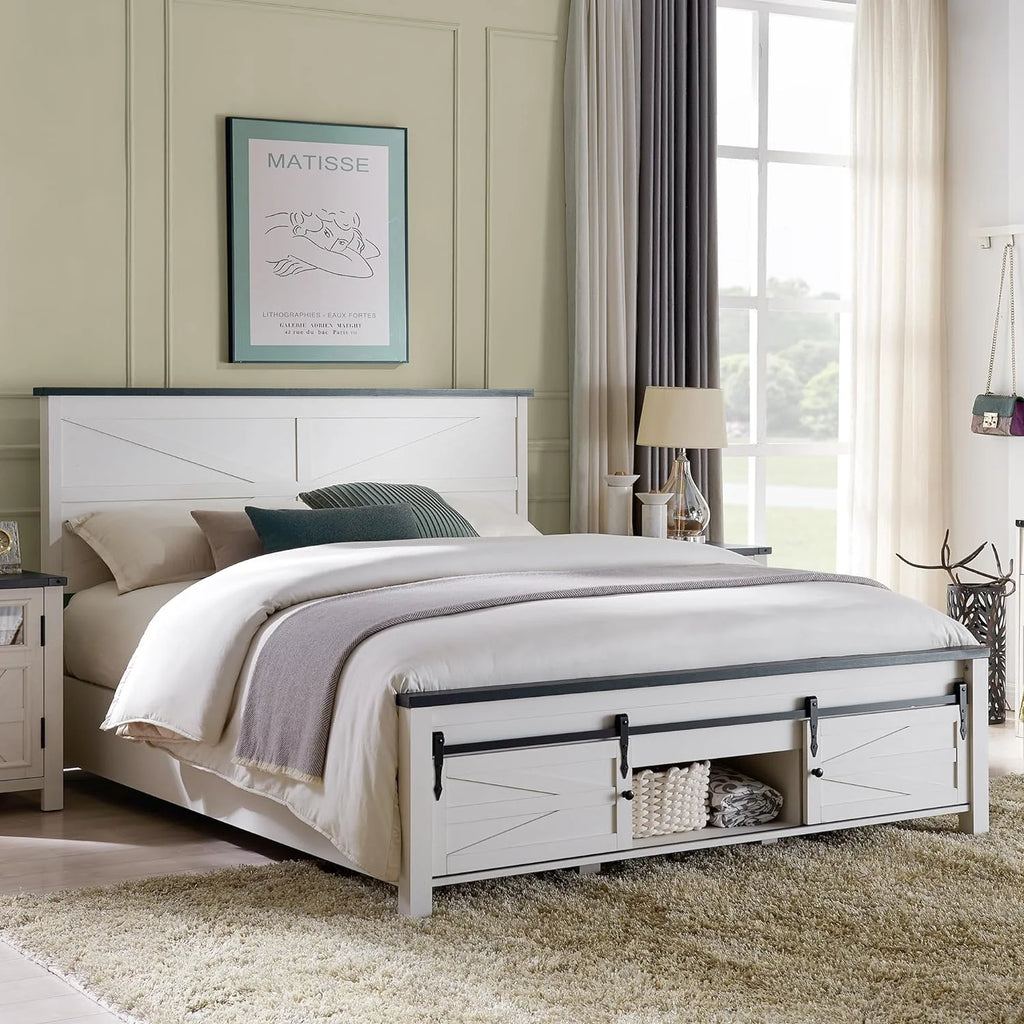 White King Size Platform Bed Frame with Headboard and Storage S187