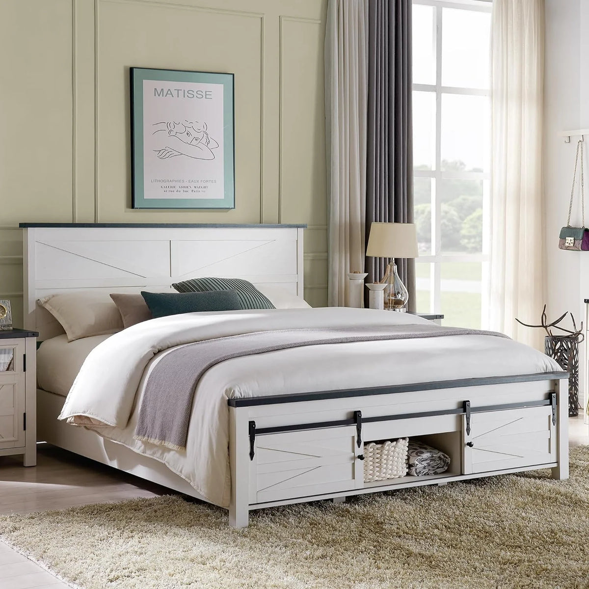 White King Size Platform Bed Frame with Headboard and Storage S187