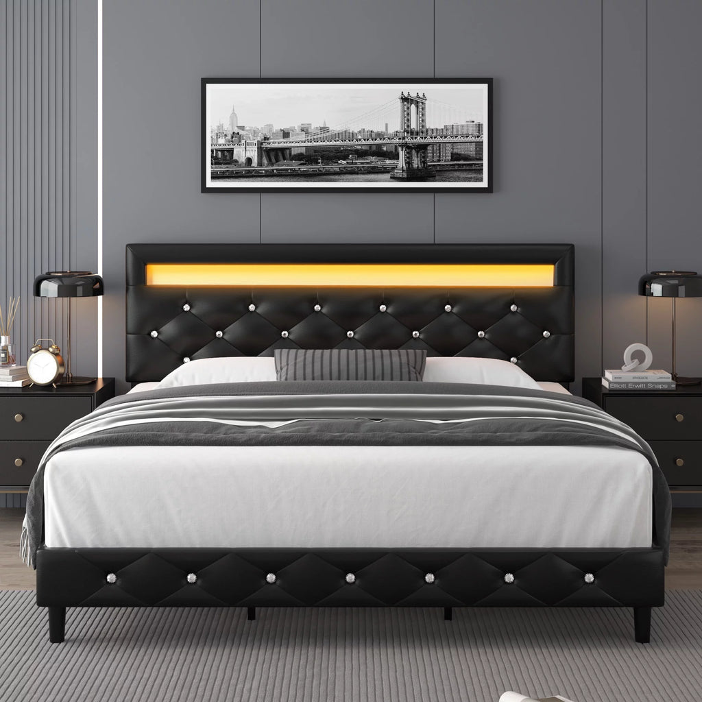 Queen Size LED Upholstered Platform Bed Frame with Adjustable Headboard F792349