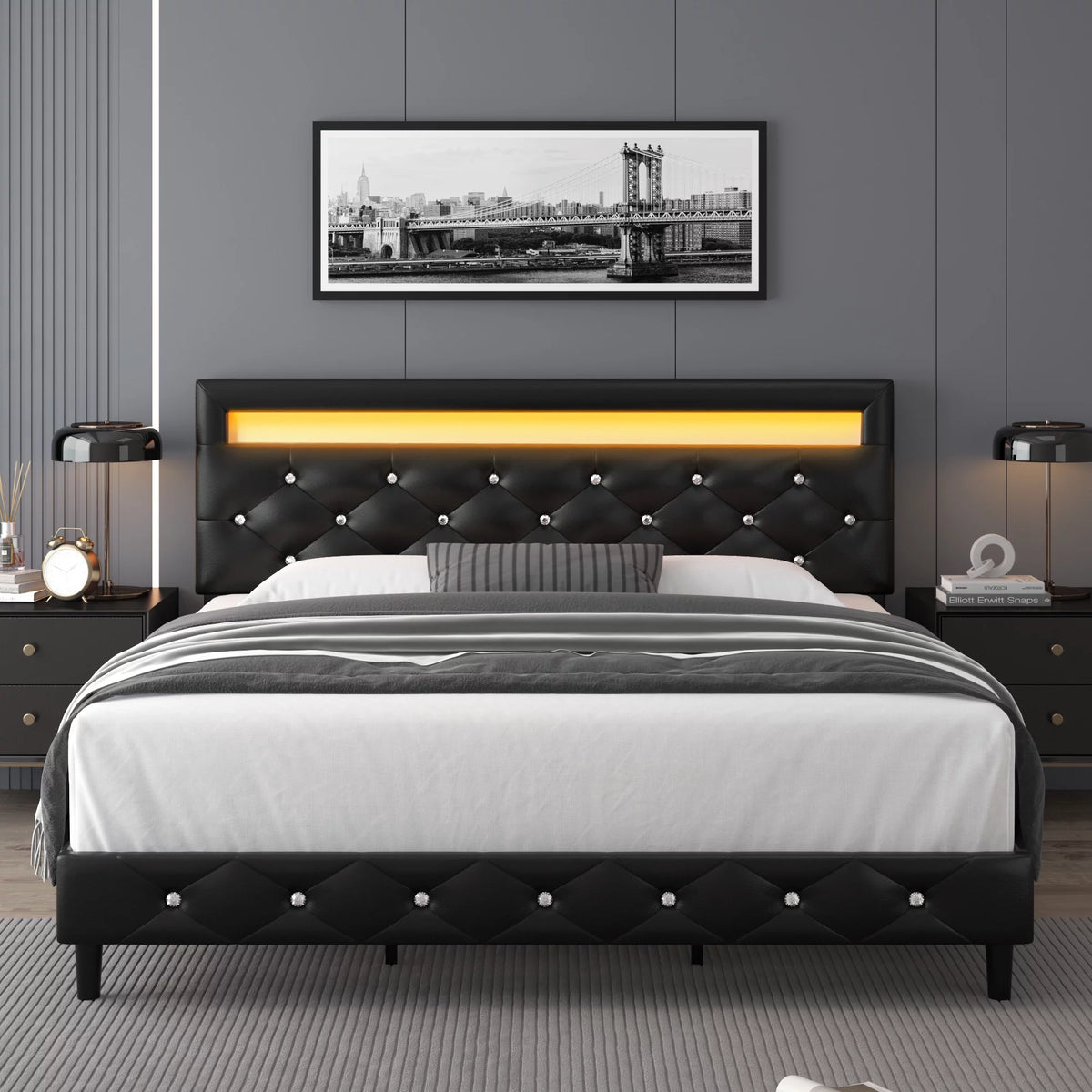 Queen Size LED Upholstered Platform Bed Frame with Adjustable Headboard F792349